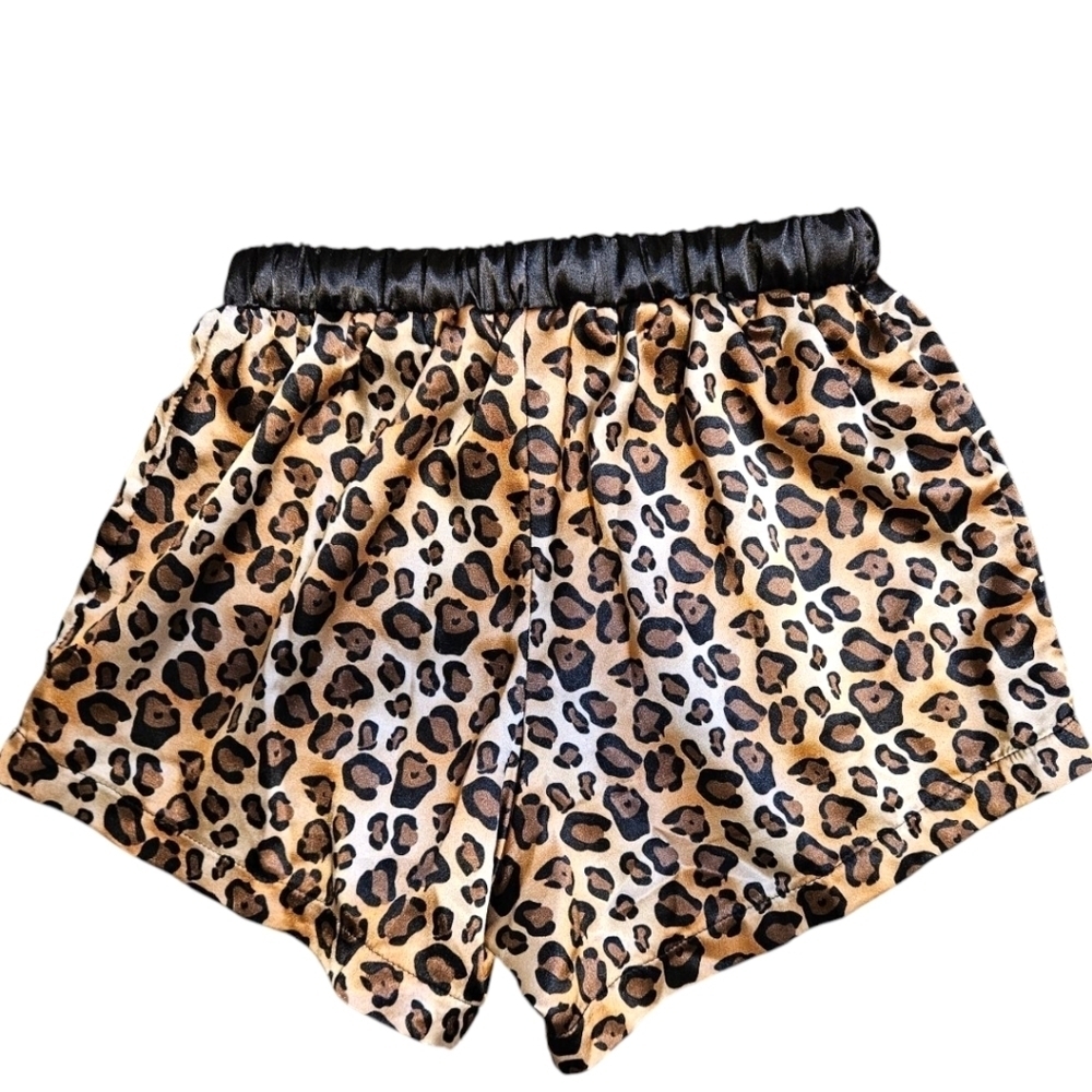 Wmns Satin Leopard Print Pajama Set Sz S Cheetah Shorts & Long Sleeve Button Up - Picture 6 of 13